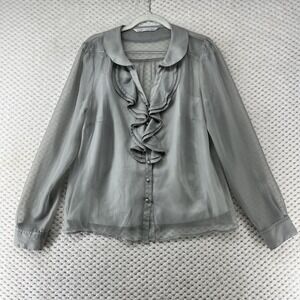 Peter‎ Nygard Sheer Ruffle Blouse Long Sleeve Button Down Top Gray